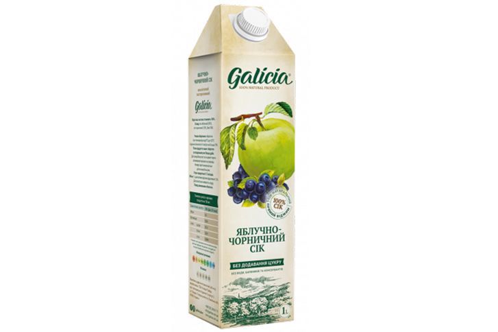 Сок яблочно-черничный с мякотью Galicia, 1 литр